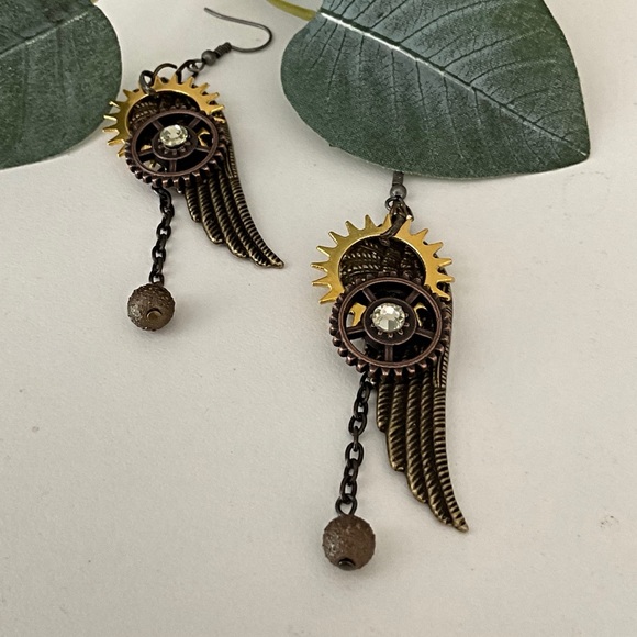 Steampunk Earrings. Angel Wings with Mechanical Gears Charms. One of a Kind - Picture 3 of 6